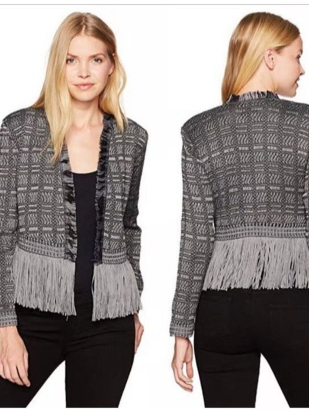 Nic + Zoe Cardigan Sz Medium Steel Black Plaid Fringe Long Sleeve Open Front